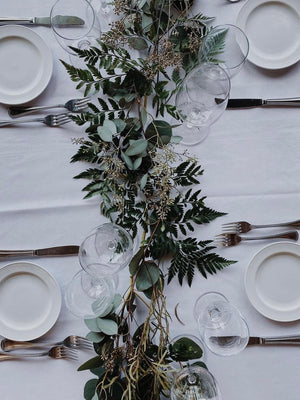 Fern and Eucalyptus garland on white table cloth